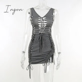 Ingvn - Dark Gray Hollow Out Mini Dress Sexy Drawstring Bandage Backless Summer Dresses For Women