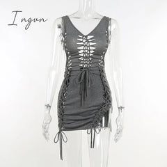Ingvn - Dark Gray Hollow Out Mini Dress Sexy Drawstring Bandage Backless Summer Dresses For Women