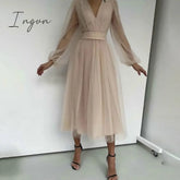 Ingvn - Deep V - Neck Women Mesh Dress Party Summer Long Puff Sleeve Pink Zipper A - Line Thin