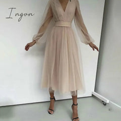 Ingvn - Deep V - Neck Women Mesh Dress Party Summer Long Puff Sleeve Pink Zipper A - Line Thin
