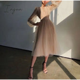 Ingvn - Deep V - Neck Women Mesh Dress Party Summer Long Puff Sleeve Pink Zipper A - Line Thin