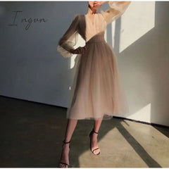 Ingvn - Deep V - Neck Women Mesh Dress Party Summer Long Puff Sleeve Pink Zipper A - Line Thin