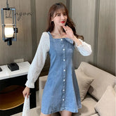 Ingvn - Denim Dress Fashion Lantern Sleeve Woman Dresses Clothes Gauze Patchwork Vestidos Ruffles