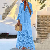 Ingvn - Dress Autumn Fashion Casual Party Bohemian Large Size V - Neck Solid Color Lace Tassel Long