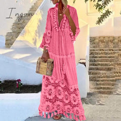 Ingvn - Dress Autumn Fashion Casual Party Bohemian Large Size V - Neck Solid Color Lace Tassel Long