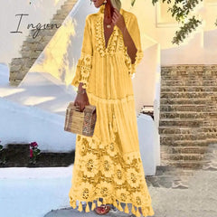 Ingvn - Dress Autumn Fashion Casual Party Bohemian Large Size V - Neck Solid Color Lace Tassel Long