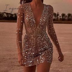 Ingvn - Dress Woman Mini Evening Party Long Sleeve Deep V Neck Skinny Sexy Clubwear Max Size Dresses
