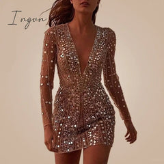 Ingvn - Dress Woman Mini Evening Party Long Sleeve Deep V Neck Skinny Sexy Clubwear Max Size Dresses