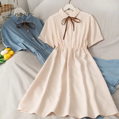 Ingvn - Dress Women Chiffon Bow Solid High Waist Turn - Down Collar Preppy Style Kawaii Ulzzang