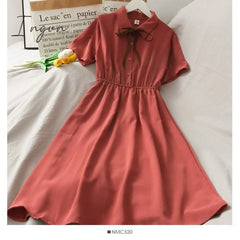 Ingvn - Dress Women Chiffon Bow Solid High Waist Turn - Down Collar Preppy Style Kawaii Ulzzang