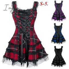 Ingvn - Dress Women Classic Frill Lace Dresses Sleeveless Plaid Vintage Gothic Mini Ball Gowns