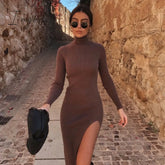 Ingvn - Dress Women Long Sleeves High - Neck Elastic Midi Fashion Elegant Chic Lady Knit Sweater