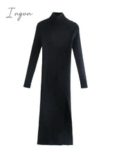 Ingvn - Dress Women Long Sleeves High - Neck Elastic Midi Fashion Elegant Chic Lady Knit Sweater