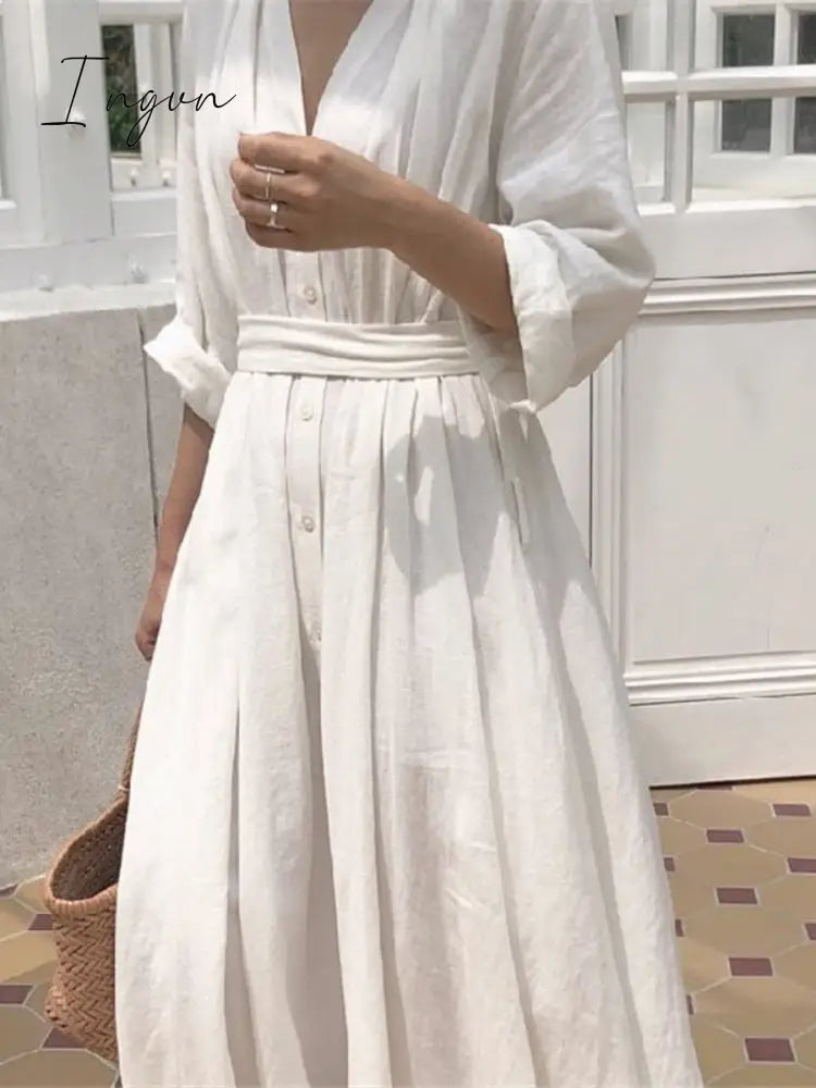 Ingvn - Dress Women Spring Autumn 2023 Korean Fashion Trendy Loose Fitting Long Sleeved Solid