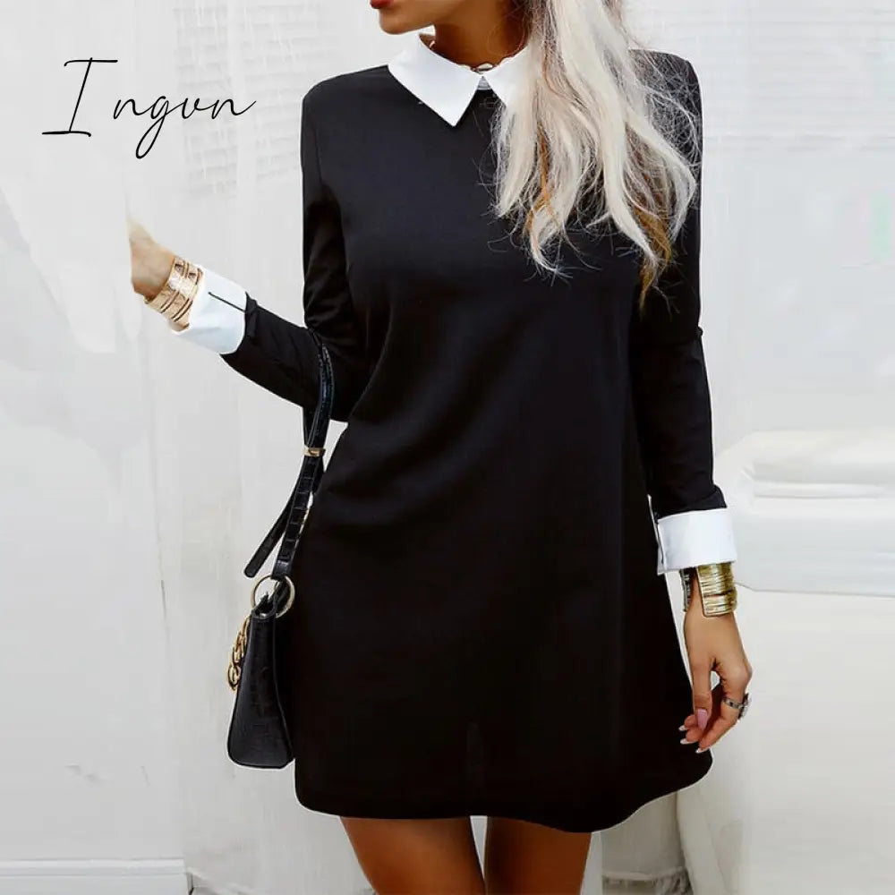 Ingvn - Dresses For Women Color Block Long Sleeve Mini Dress Autumn Office Ladies Elegant Turn Down