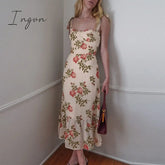 Ingvn - Dresses For Women Elegant Vintage Floral Dress Frill Sweetheart Neck Sleeveless Strap Tie