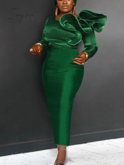 Ingvn - Dresses For Women Party Elegant Long Sleeve Asymmetric Ruffle Shimmer Midi Tight Dress Chic