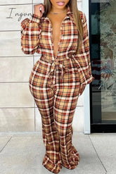 Ingvn - Earth Yellow Casual Plaid Print Patchwork Turndown Collar Plus Size Jumpsuits / 1Xl Plus