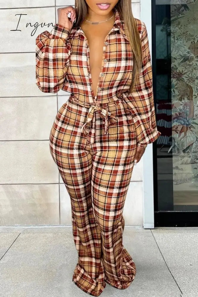 Ingvn - Earth Yellow Casual Plaid Print Patchwork Turndown Collar Plus Size Jumpsuits Plus Size