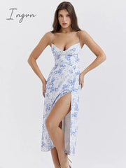 Ingvn - Elegant Blue Print Split Midi Dress Women Robe New Fashion Spaghetti Strap Sleeveless