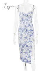 Ingvn - Elegant Blue Print Split Midi Dress Women Robe New Fashion Spaghetti Strap Sleeveless