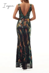 Ingvn - Elegant College Color Block Contrast V Neck Evening Dress Dresses Dresses/Party And Cocktail