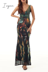 Ingvn - Elegant College Color Block Contrast V Neck Evening Dress Dresses Dresses/Party And Cocktail