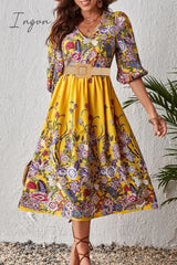 Ingvn - Elegant College Floral With Belt V Neck A Line Dresses(3 Colors) Dresses/Floral Dresses