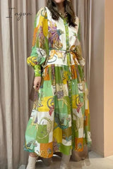 Ingvn - Elegant College Print Buckle Contrast Turndown Collar Printed Dress Dresses Dresses/Vintage
