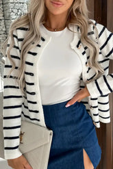 Ingvn - Elegant College Striped Buttons Contrast O Neck Outerwear Outerwear/Knitted Jacket