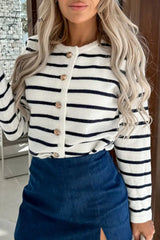 Ingvn - Elegant College Striped Buttons Contrast O Neck Outerwear Outerwear/Knitted Jacket