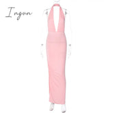 Ingvn - Elegant Deep V Neck Sexy Maxi Dress Women Pink Halter Sleeveless Backless Bodycon Split