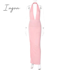 Ingvn - Elegant Deep V Neck Sexy Maxi Dress Women Pink Halter Sleeveless Backless Bodycon Split