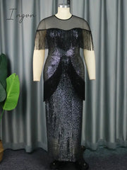 Ingvn - Elegant Dress For Women Luxury Long Black Sequin Tassel Dresses Fringe Prom 2023 Wedding