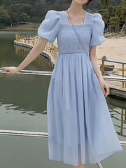 Ingvn - Elegant Dress For Women Ruffles Square Collar Short Sleeve French Style High Waisted A Line