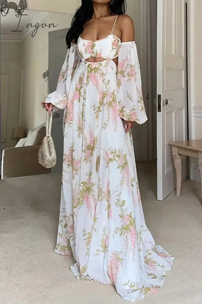 Ingvn - Elegant Floral Frenulum Backless V Neck Printed Dress Dresses Dresses/Floral