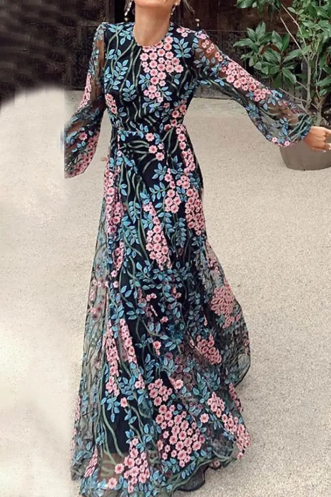Ingvn - Elegant Floral Patchwork O Neck Printed Dress Dresses Black Pink / S Dresses/Floral