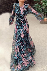Ingvn - Elegant Floral Patchwork O Neck Printed Dress Dresses Black Pink / S Dresses/Floral