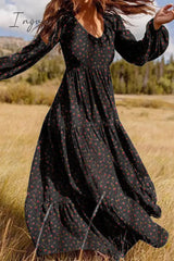 Ingvn - Elegant Floral Patchwork V Neck Printed Dress Dresses Dresses/Floral