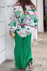 Ingvn - Elegant Floral Pocket Turndown Collar Two Pieces Pieces/Two-Piece Pants Set