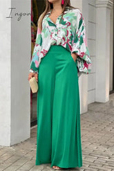Ingvn - Elegant Floral Pocket Turndown Collar Two Pieces White Green / S Pieces/Two-Piece Pants Set