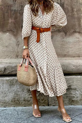 Ingvn - Elegant Floral With Belt V Neck A Line Dresses Khaki / S Dresses/Casual