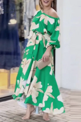 Ingvn - Elegant Floral With Bow Oblique Collar Irregular Dress Dresses Dresses/Floral