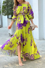 Ingvn - Elegant Floral With Bow Oblique Collar Irregular Dress Dresses Dresses/Floral