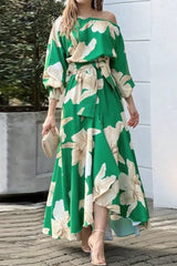 Ingvn - Elegant Floral With Bow Oblique Collar Irregular Dress Dresses Dresses/Floral