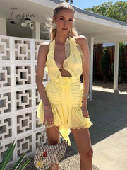 Ingvn - Elegant Halter Flower Pleated Mini Dress Women Fashion Sleeveless Backless Ruffle Irregular