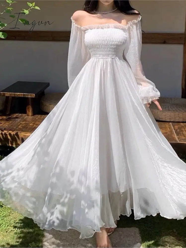Ingvn - Elegant Holiday Beach Dresses Summer Women Solid White Puff Sleeve Slash Neck Off Shoulder