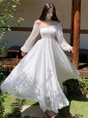 Ingvn - Elegant Holiday Beach Dresses Summer Women Solid White Puff Sleeve Slash Neck Off Shoulder