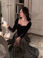 Ingvn - Elegant Long Sleeve Midi Dress Woman Slim French Vintage Velvet Party Casual Korean Fashion
