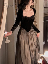 Ingvn - Elegant Long Sleeve Midi Dress Woman Slim French Vintage Velvet Party Casual Korean Fashion